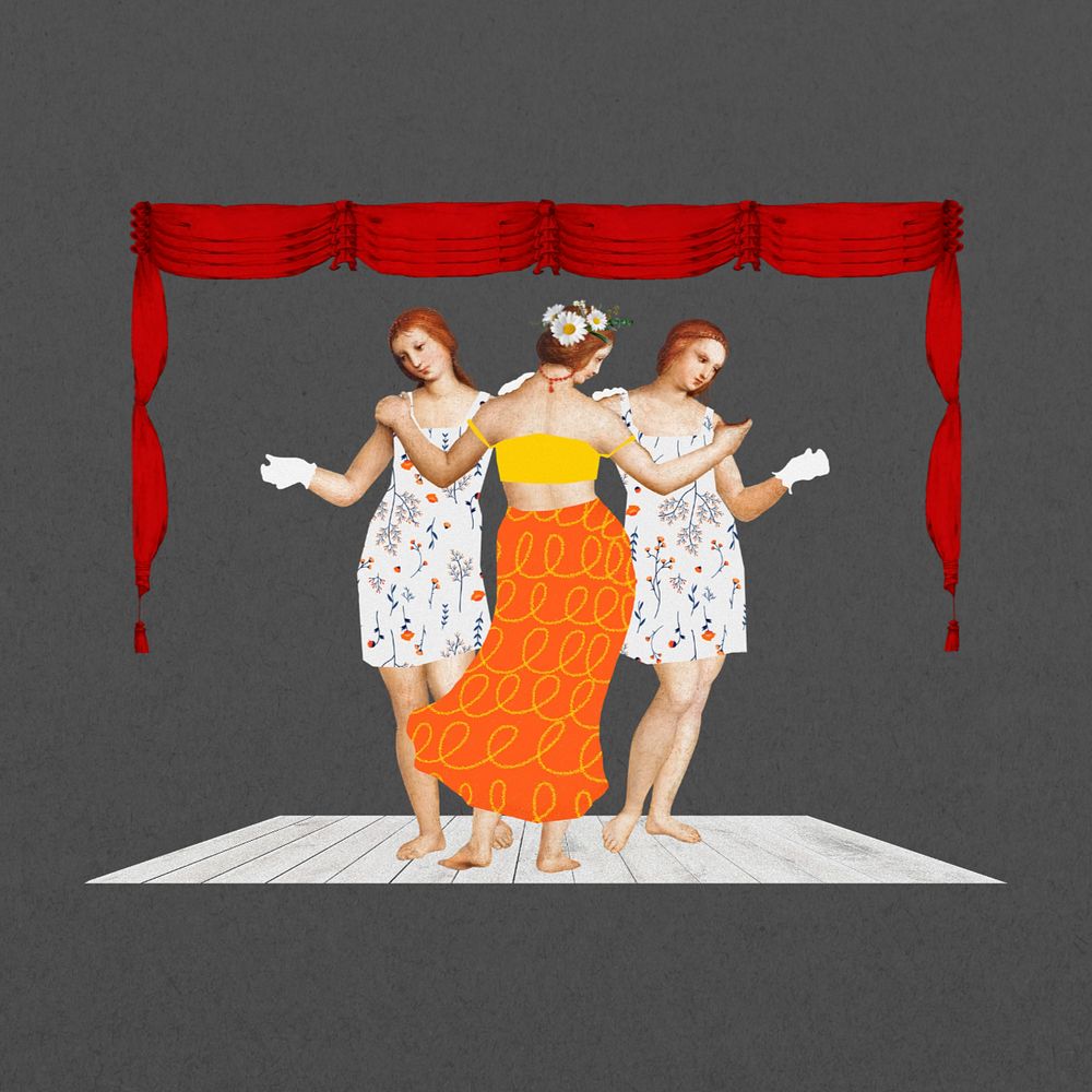 Raphael's Three Graces, musical theatre collage, remixed by rawpixel, editable design