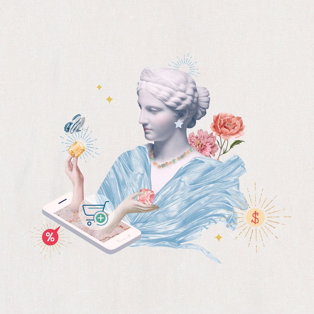 Online shopping aesthetic sticker, Greek Goddess remix, editable design