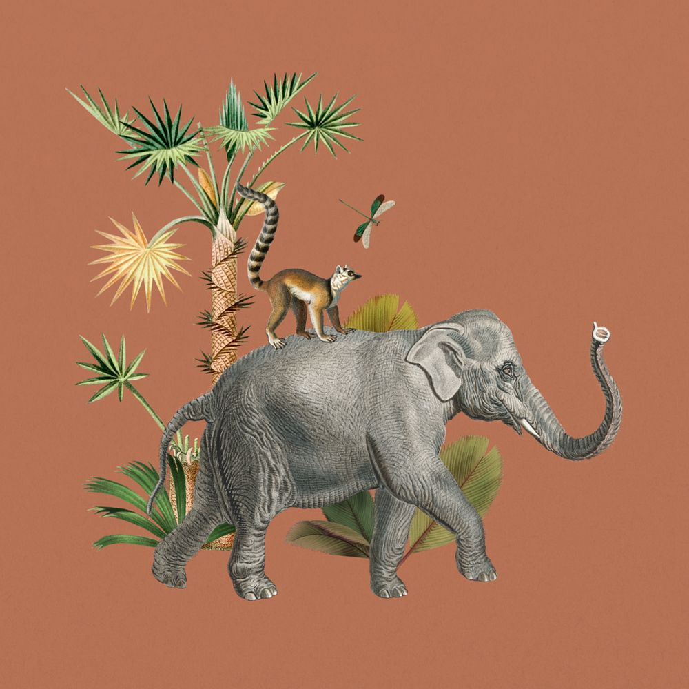 Vintage elephant sticker, botanical wildlife remix, editable design