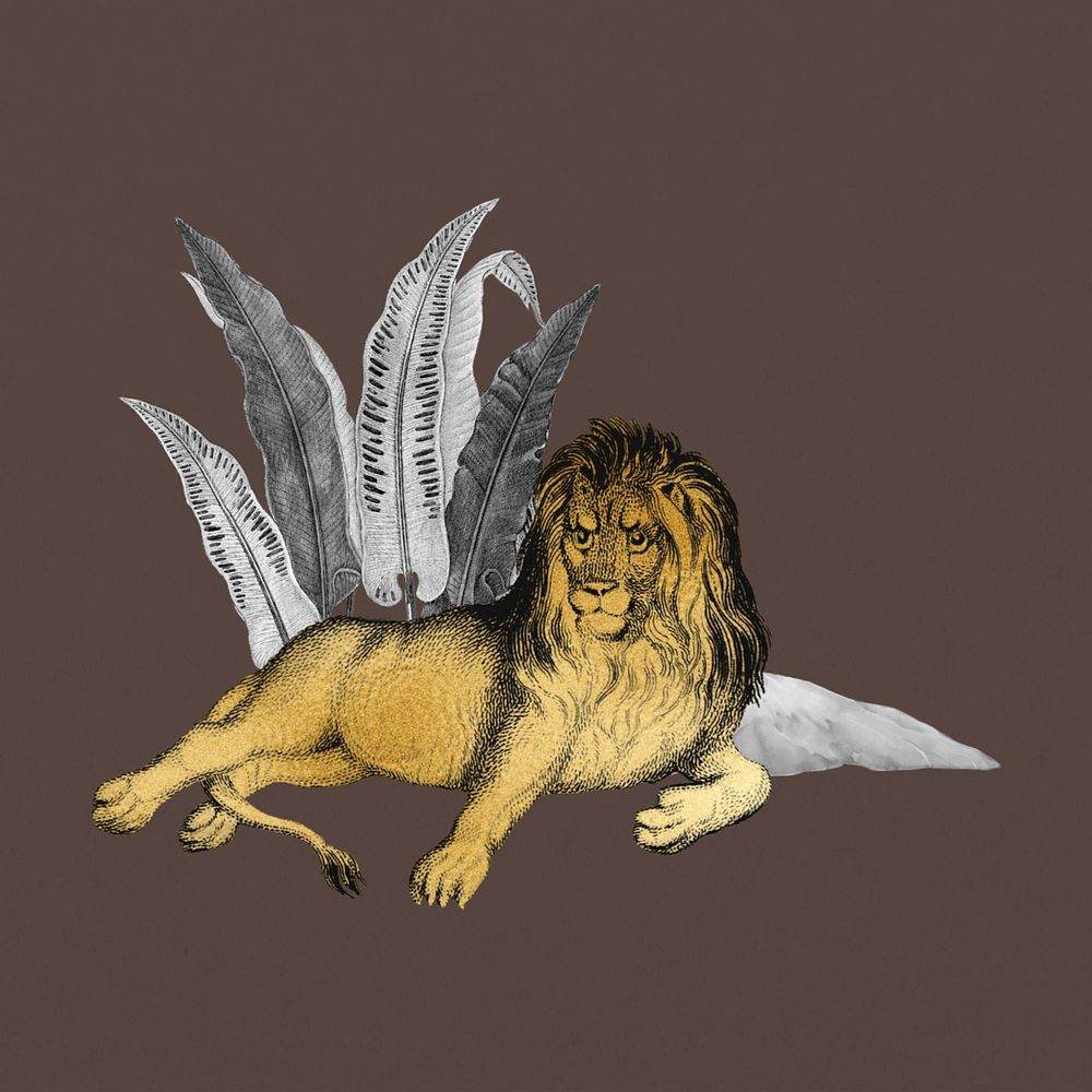 Golden lion sticker, botanical and wildlife remix, editable design