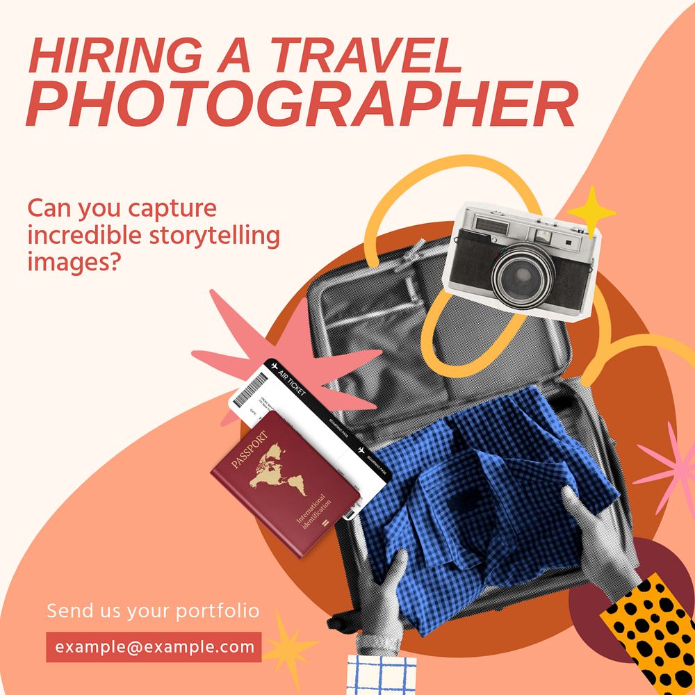 Hiring travel photographer Instagram post template, editable social media design