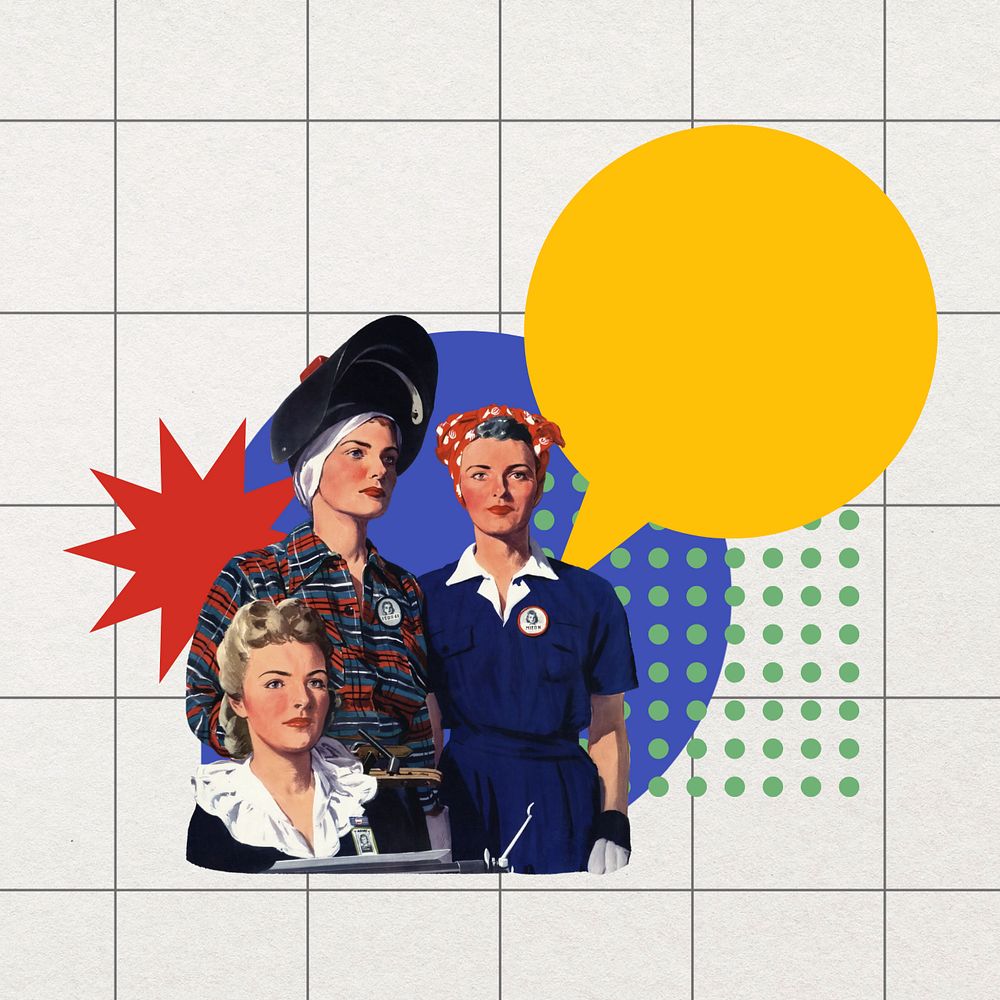 Vintage feminist collage element, colorful  editable design