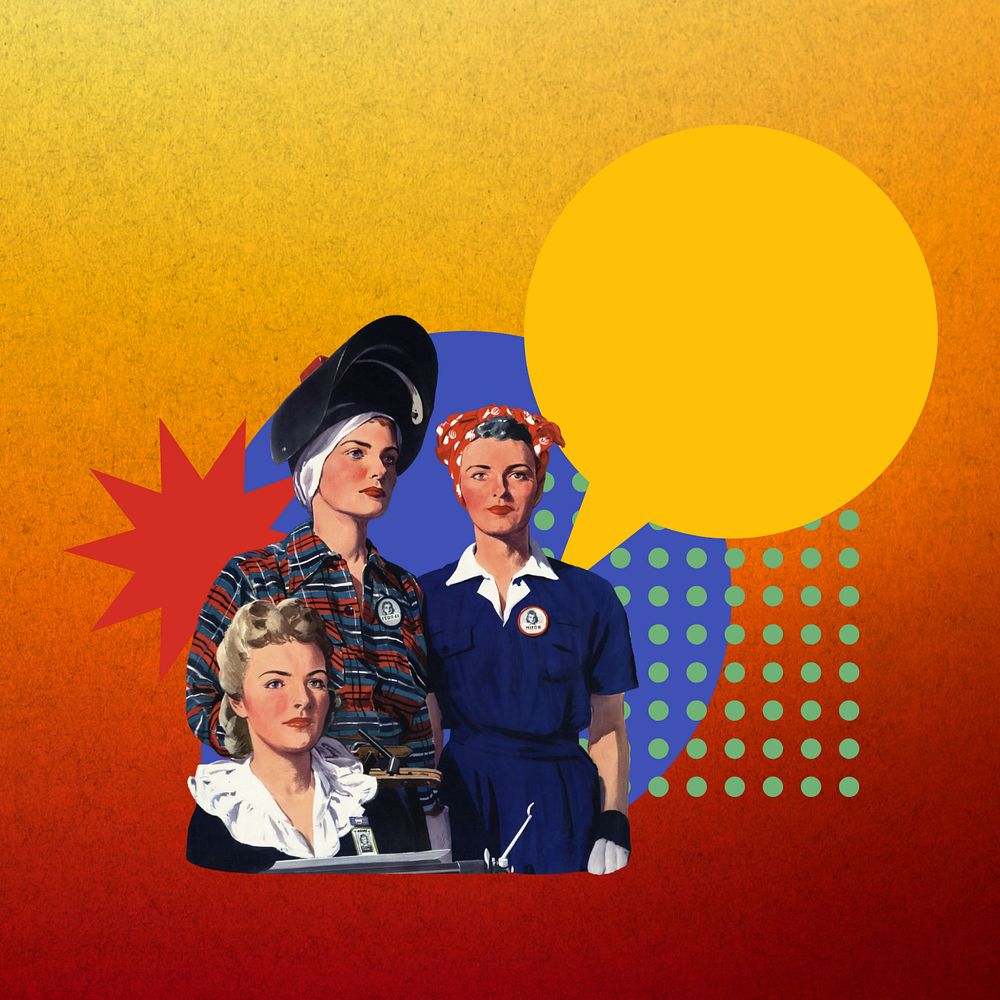 Vintage feminist collage element, colorful  editable design