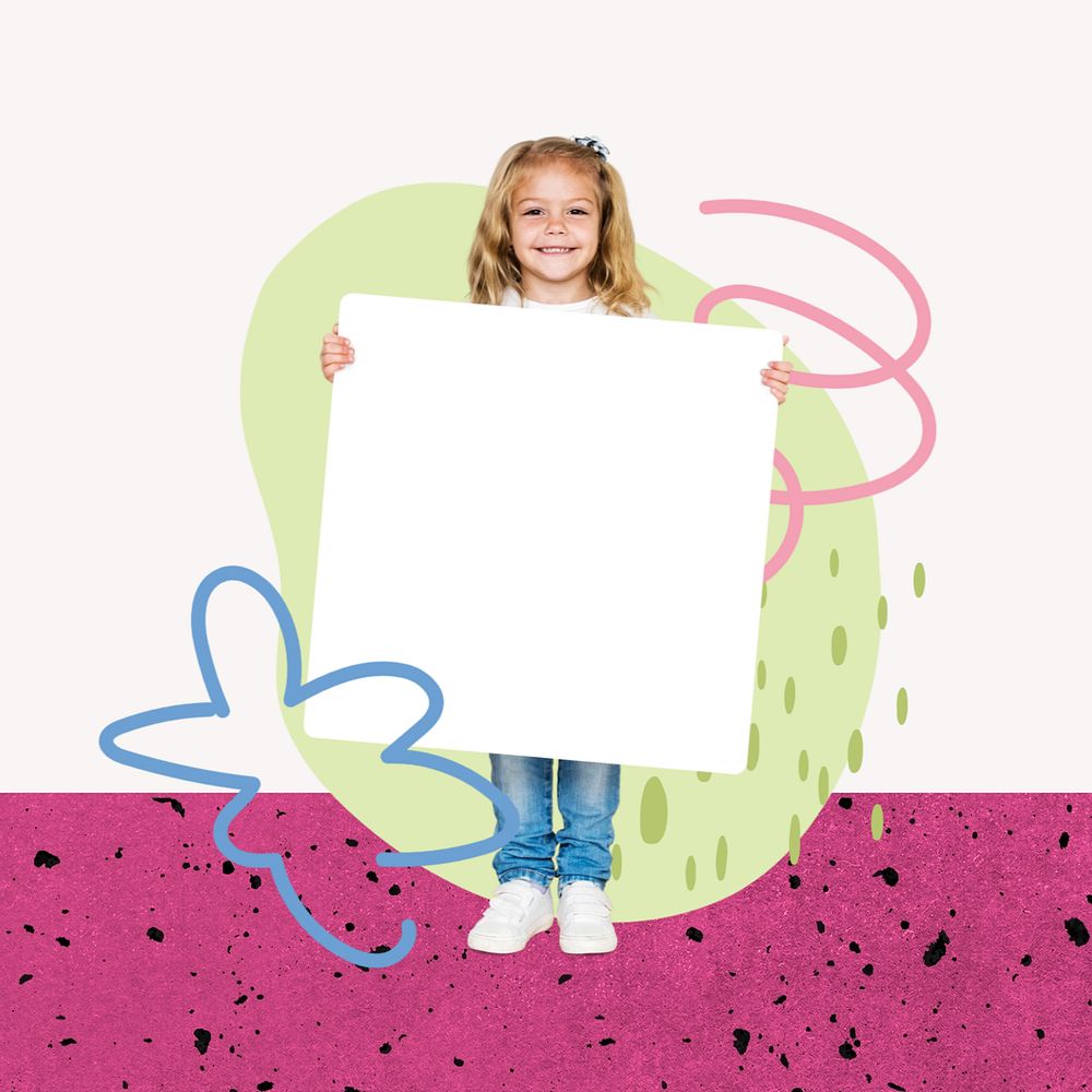 Girl holding sign collage element, cute  editable design