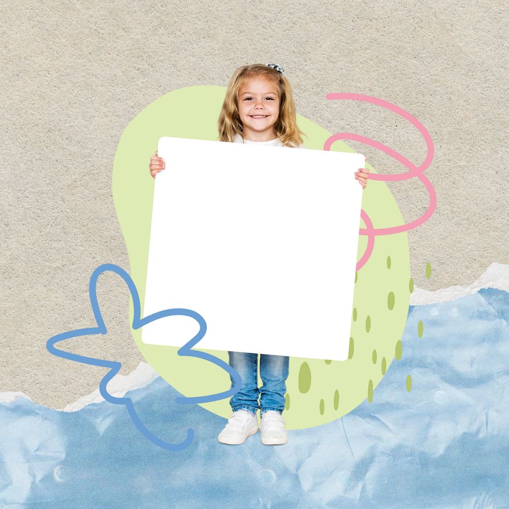 Kid holding sign collage element, cute  editable design