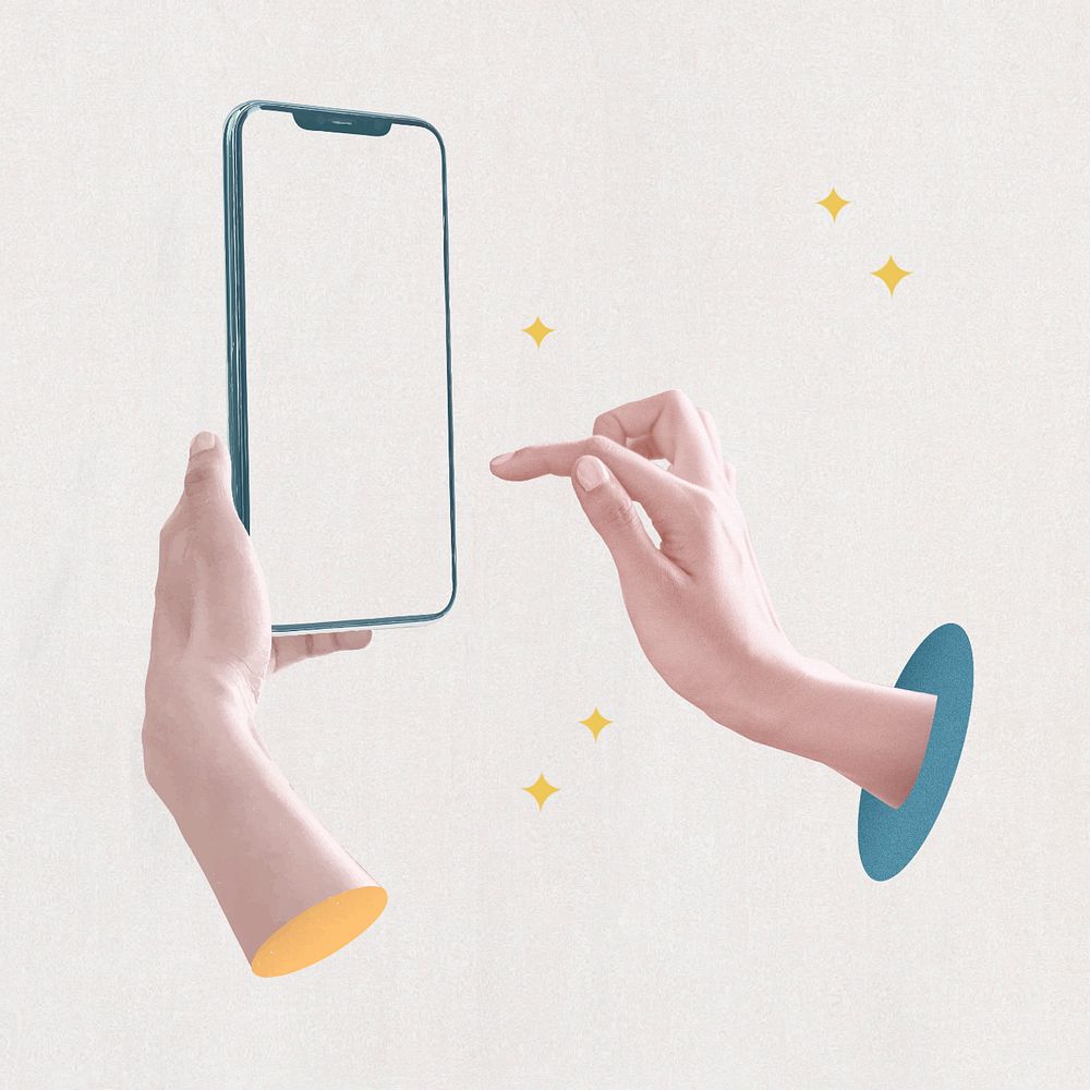 Hands using smartphone sticker, social media addiction remix, editable design