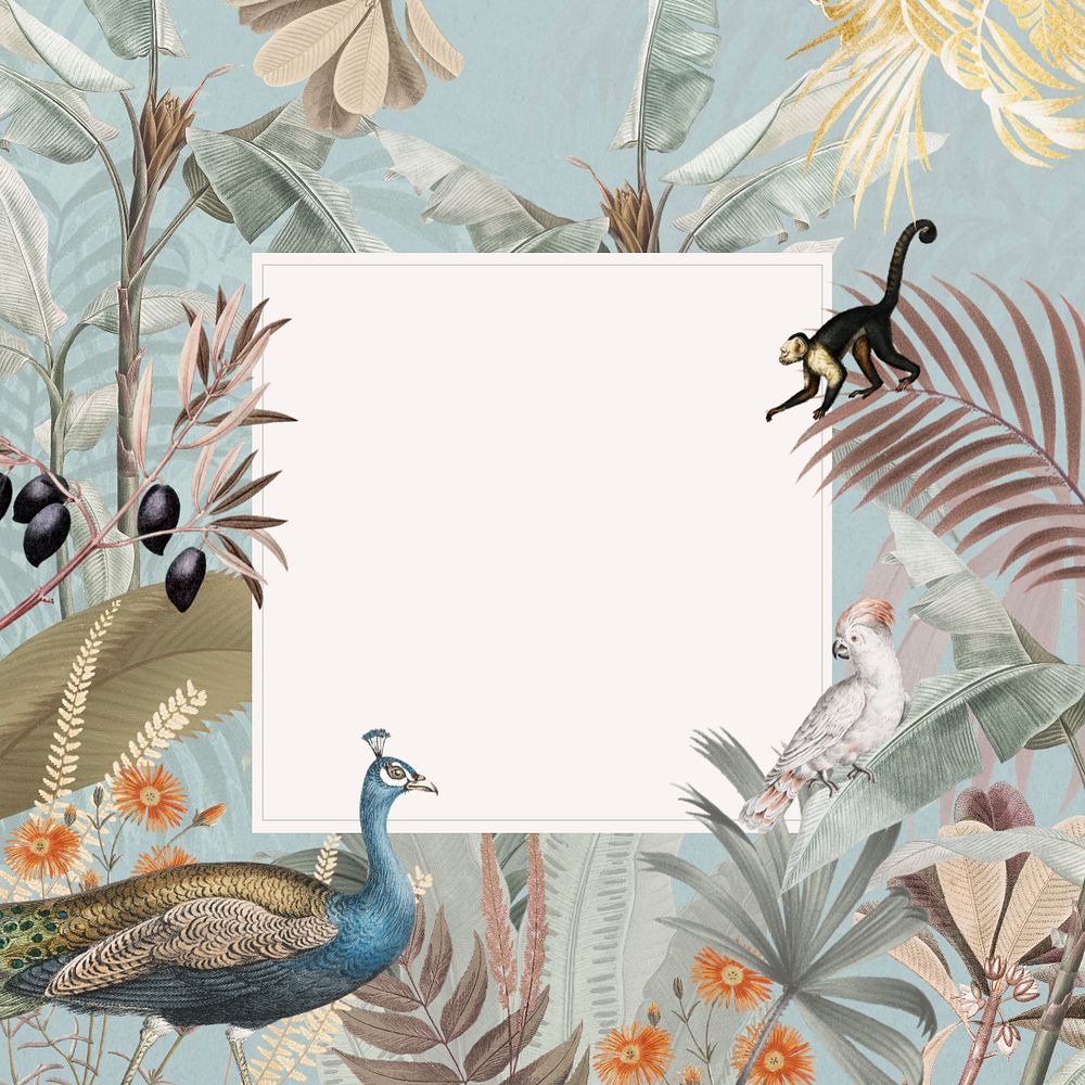 Peacock jungle pattern frame background blue aesthetic, editable design