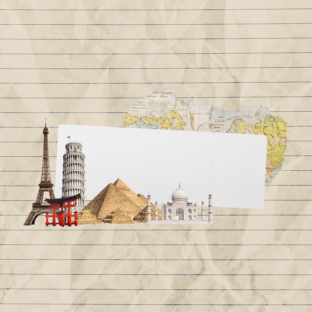 Travel abroad collage element, note paper  editable design