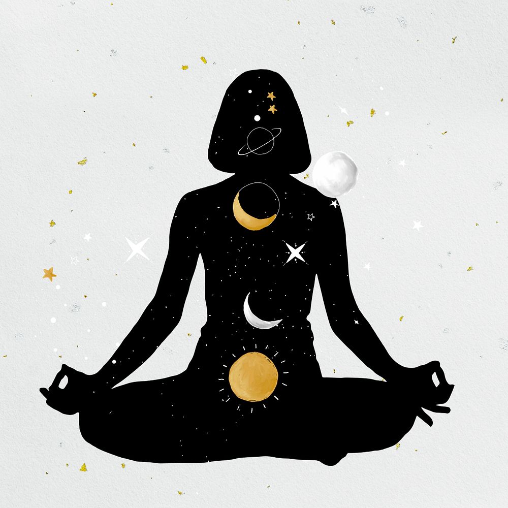 Editable celestial meditation pose, silhouette astrology art design