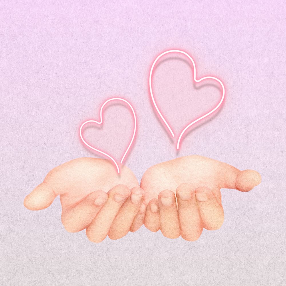 Editable neon hearts, giving love hand gesture