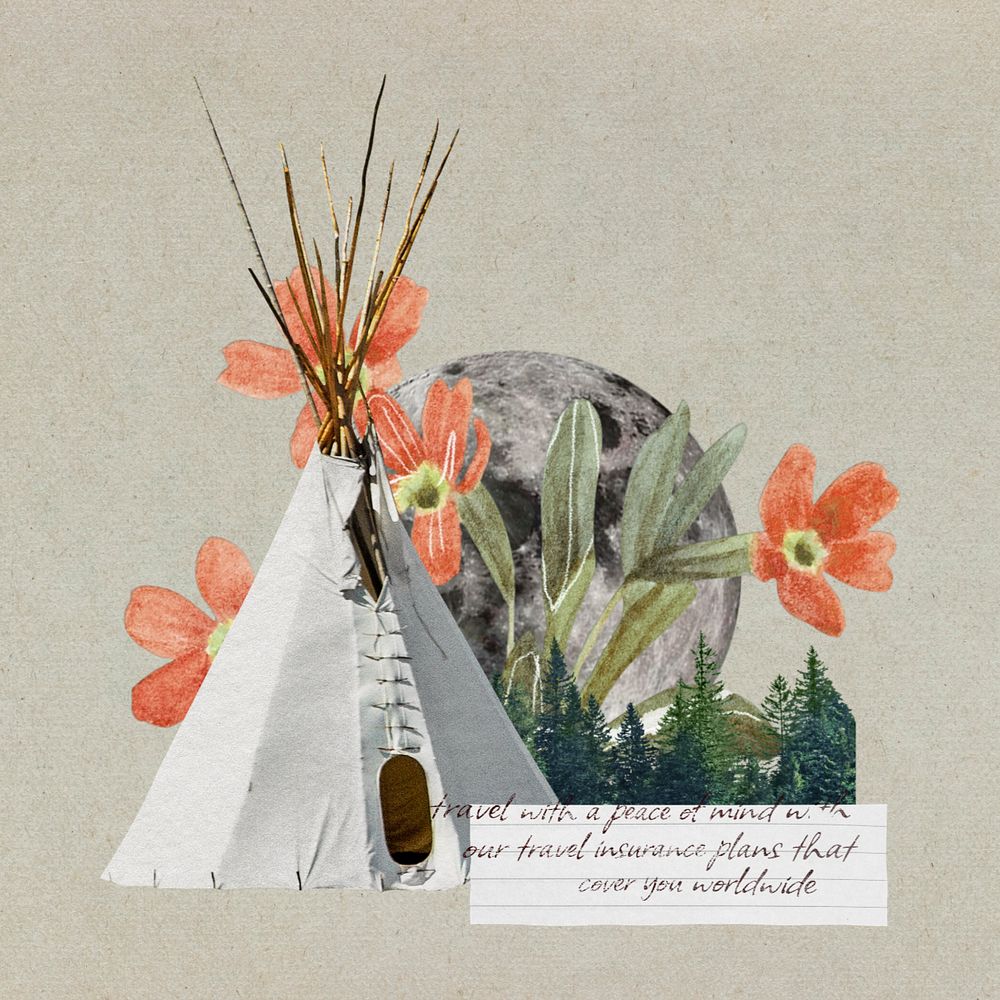 Editable tepee Native American tent, aesthetic travel collage design