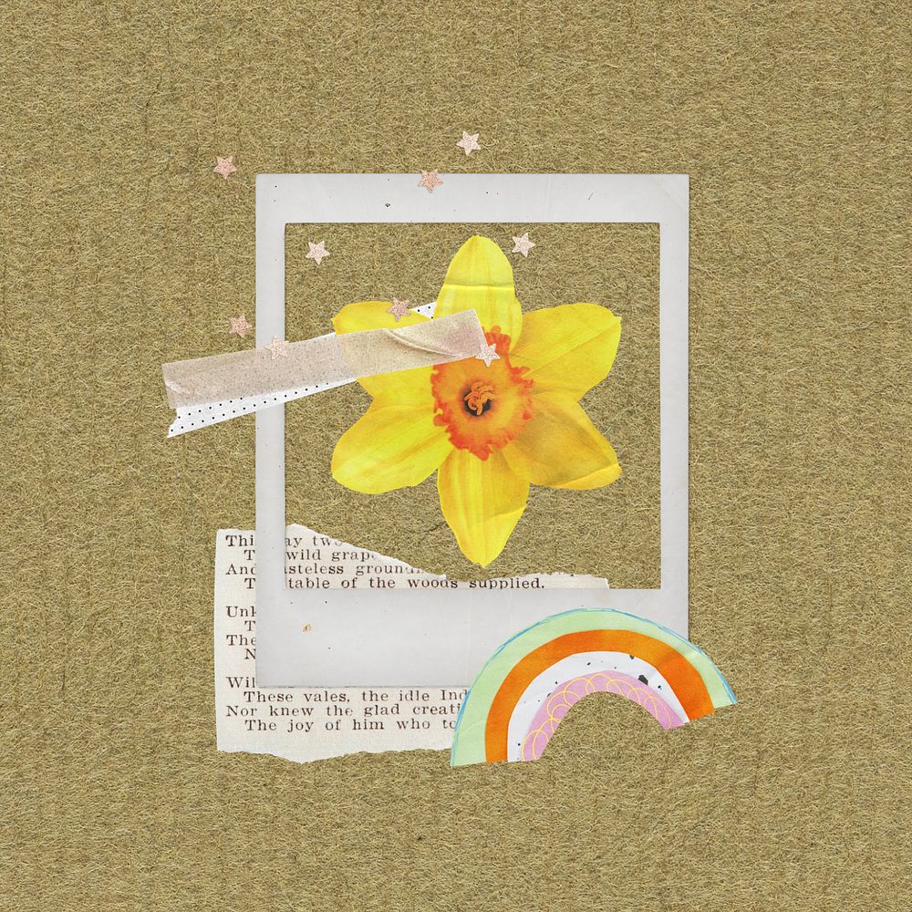 Instant picture frame, editable daffodil flower collage element remix design