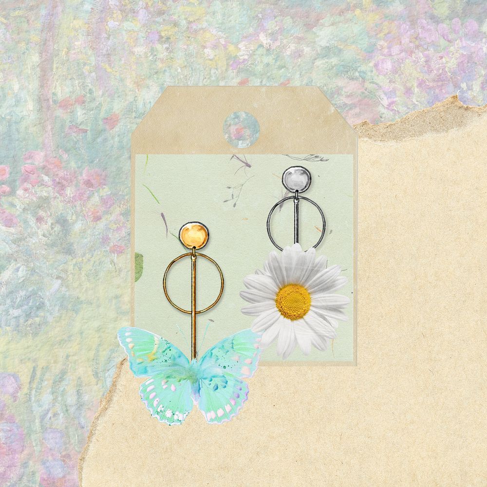 Butterfly & daisy earrings, editable Spring fashion collage element remix design