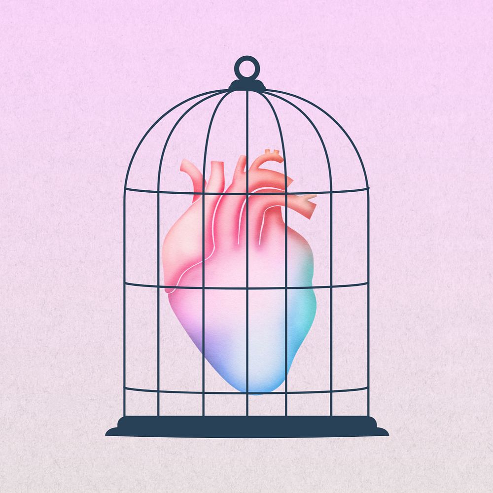 Caged human heart, editable surreal collage design