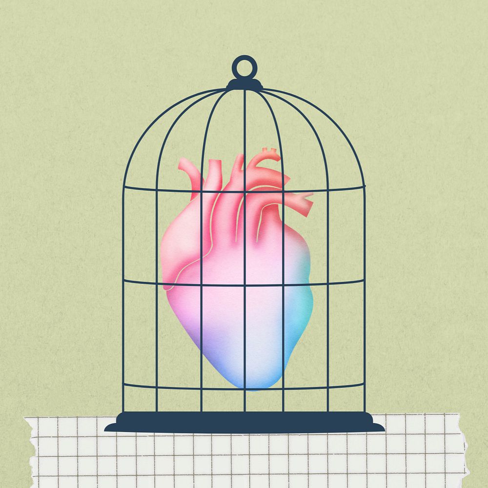 Caged human heart, editable surreal collage design