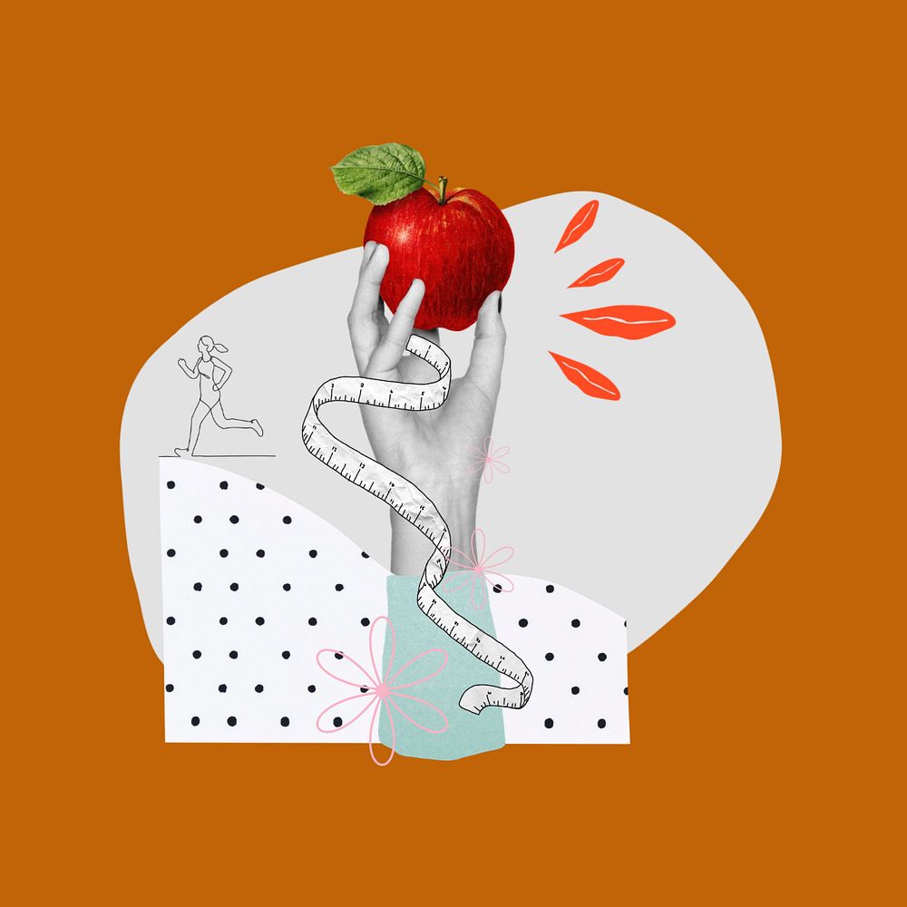 Hand holding apple, weight loss collage, editable design