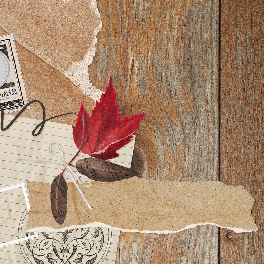 Autumn journal collage border, editable maple leaf and torn paper design