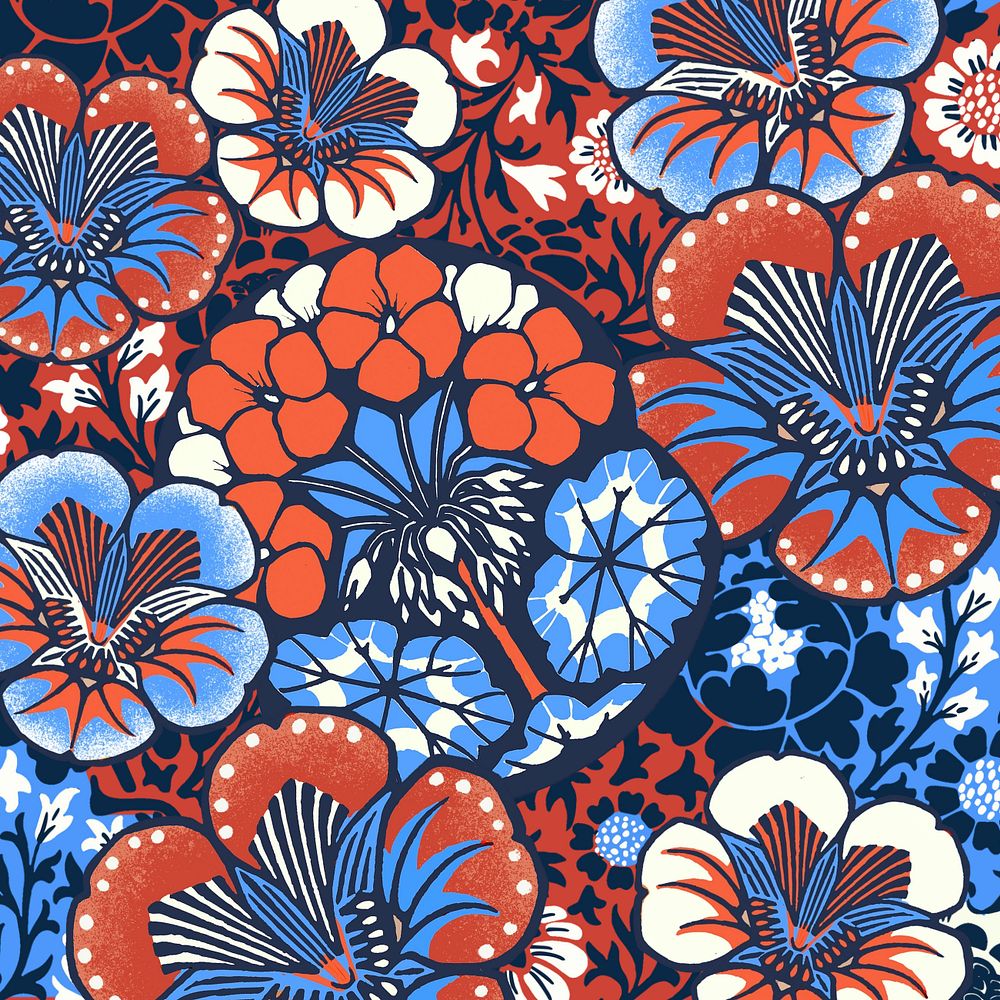 Batik flower patterned background, red and blue botanical illustration, editable design