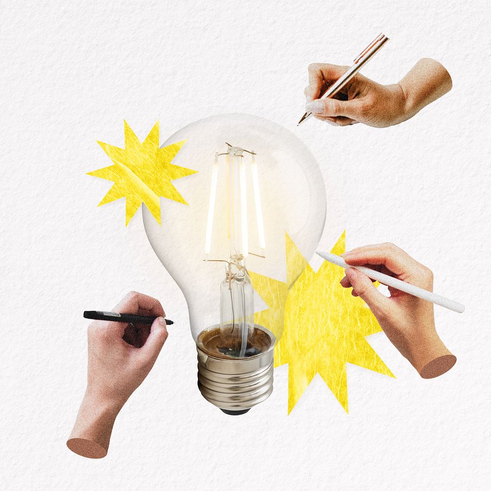 People brainstorming ideas collage element, light bulb remix editable design