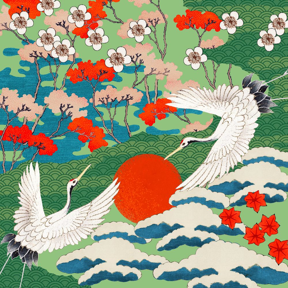 Vintage Japanese crane-patterned background, traditional illustration remixed from the artwork of Watanabe Seitei, editable…