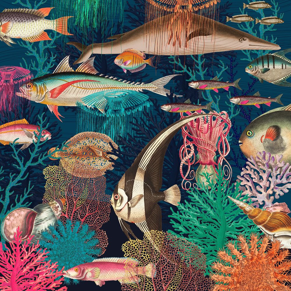 Vintage underwater patterned background, marine life illustration, editable design