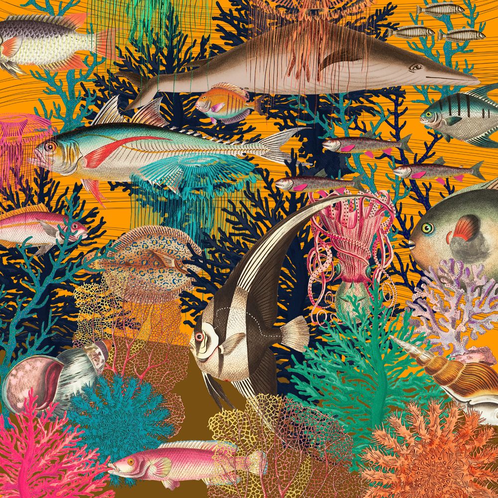 Vintage underwater patterned background, marine life illustration, editable design