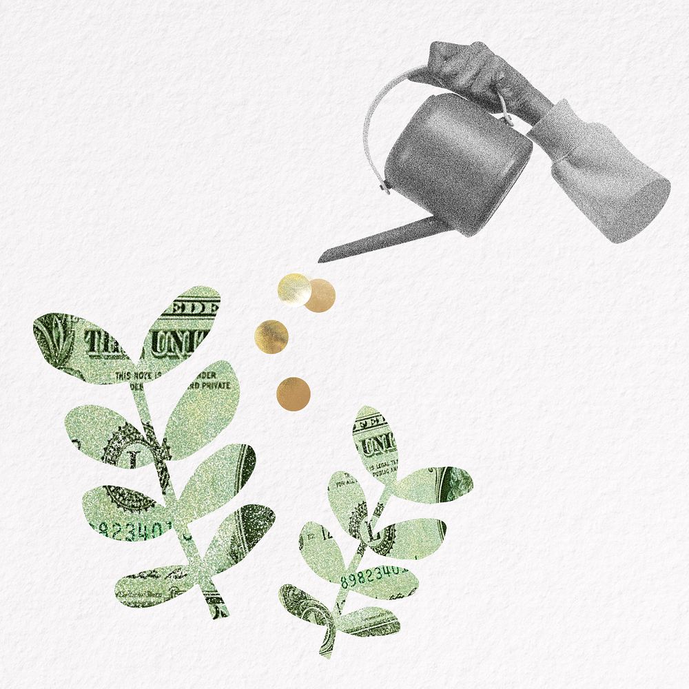 Investment collage element, hand watering money plant, finance remix editable design