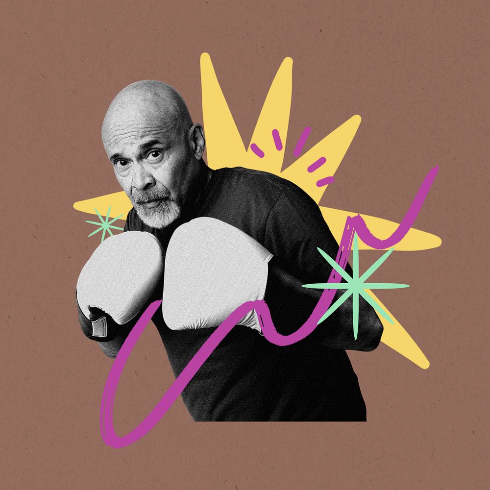 Senior man boxing, creative wellness collage, editable design