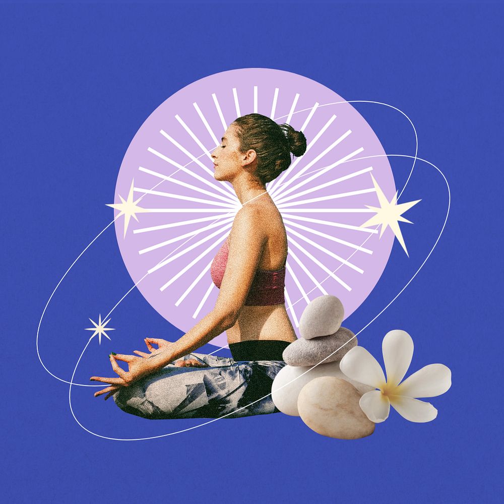 Meditating woman, creative wellness collage, editable design