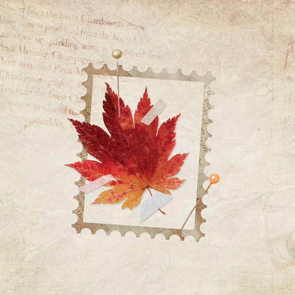 Vintage Autumn postage stamp, editable maple leaf design