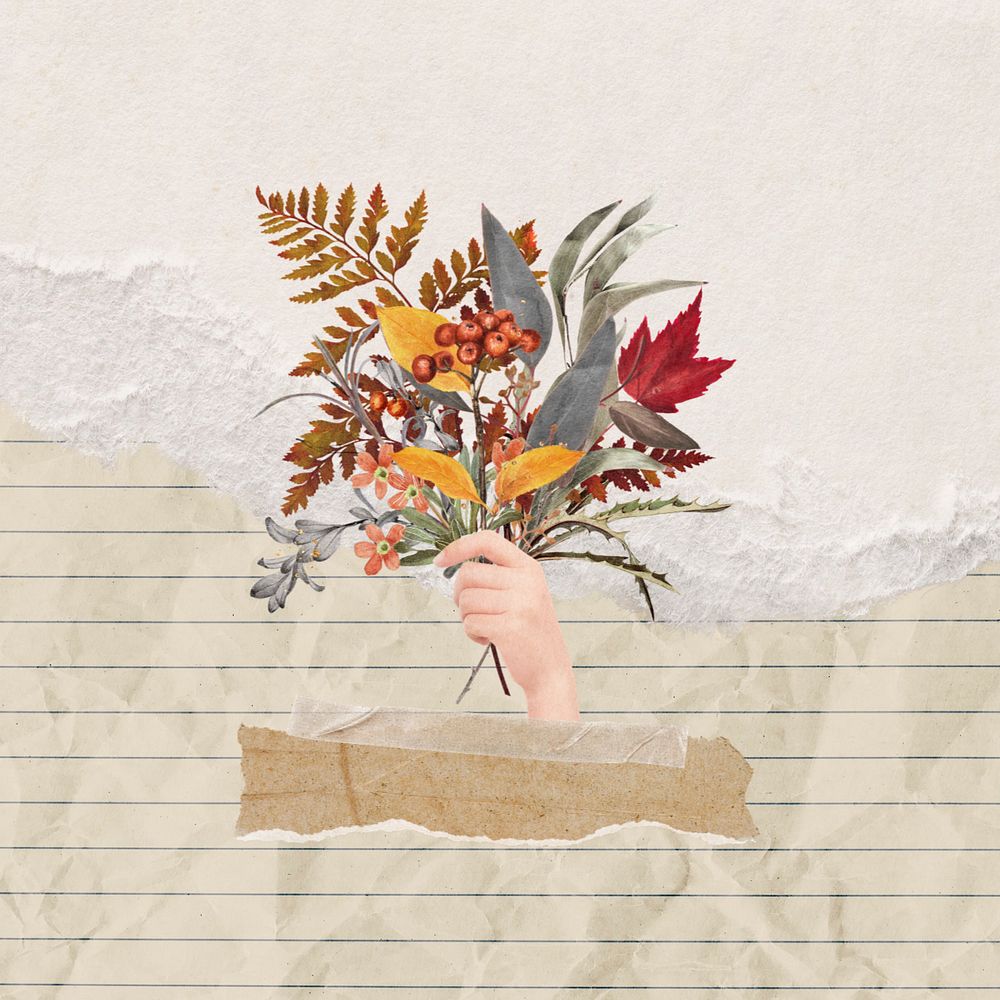 Hand holding Autumn bouquet, editable journal collage design