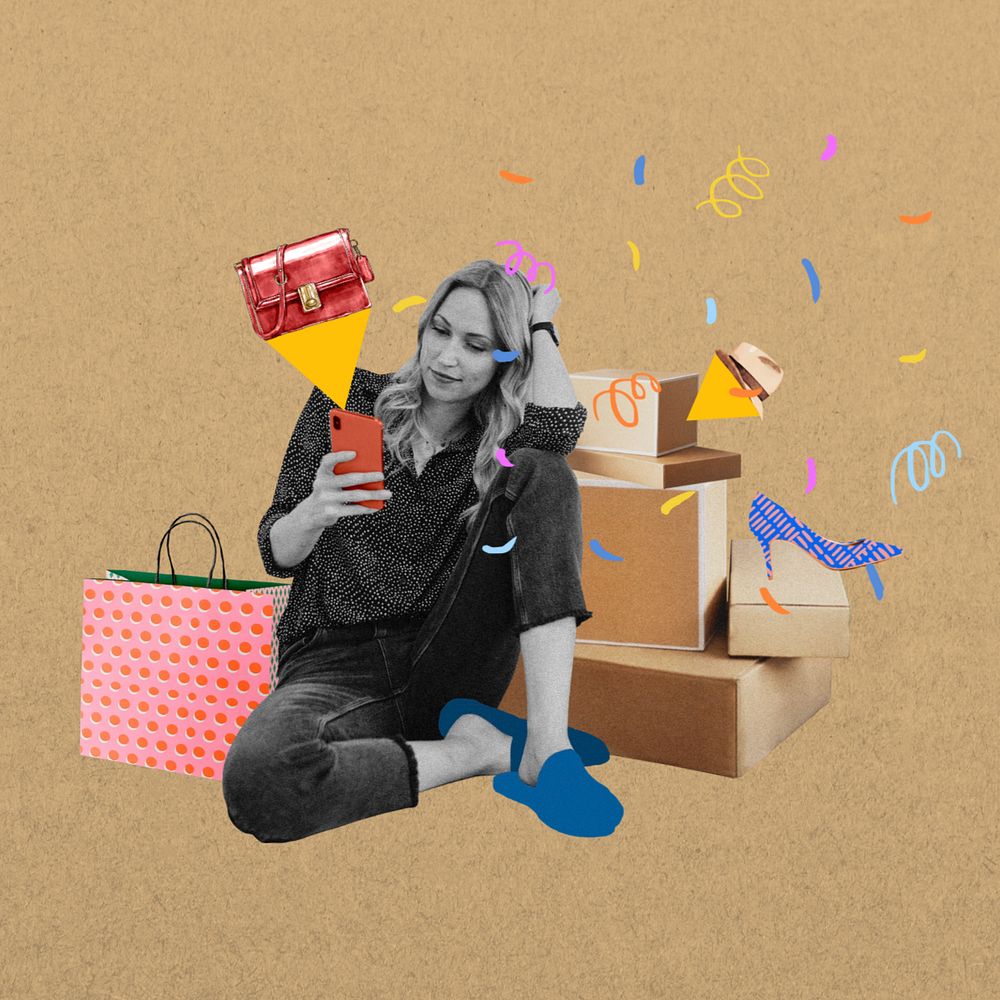 Woman shopaholic, creative collage, editable design