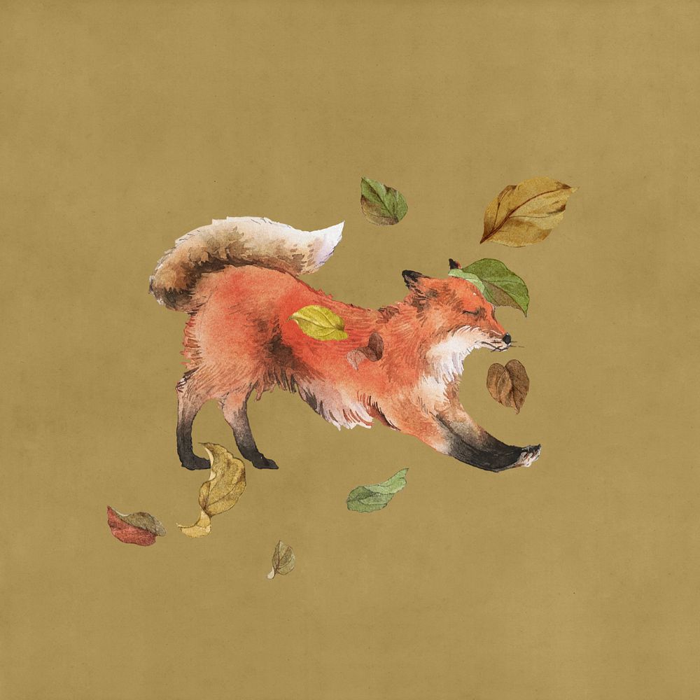 Autumn red fox, editable wild animal with falling leaves design