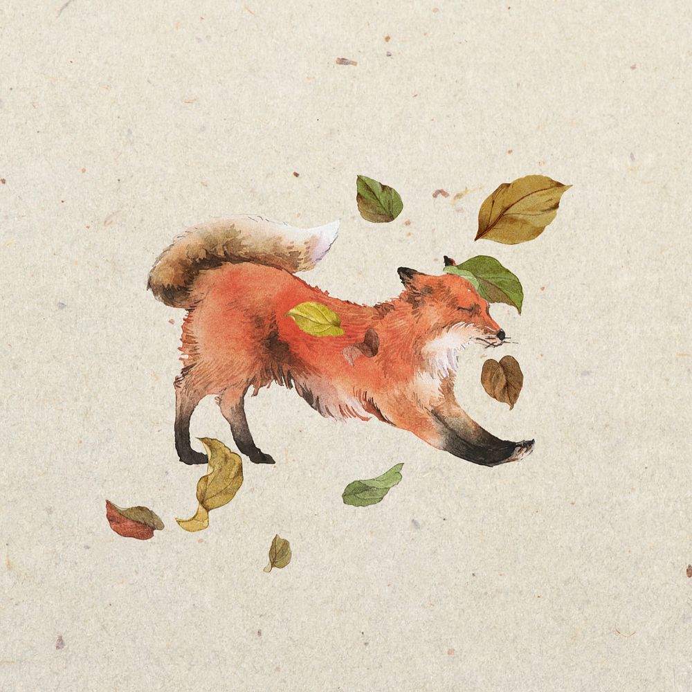 Editable Autumn red fox, wild animal with falling leaves design