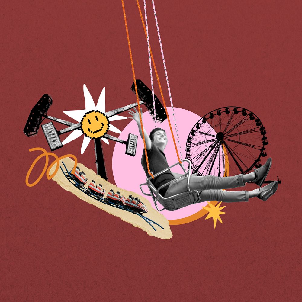 Carefree man on a swing, creative collage, editable design