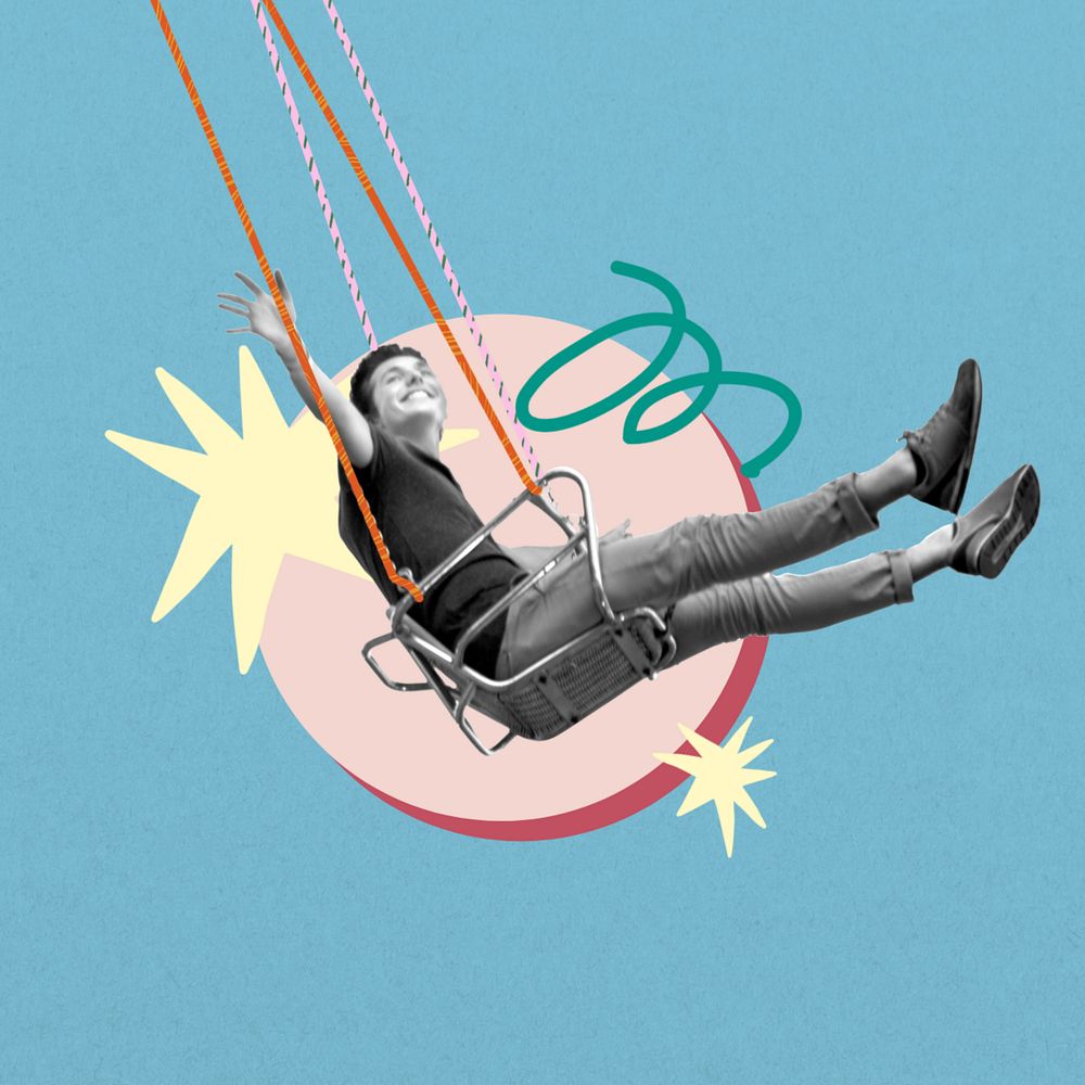 Carefree man on a swing, creative collage, editable design