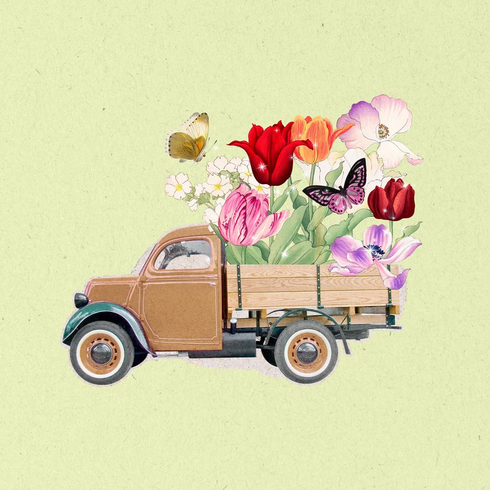 Floral truck, editable Spring flower collage element remix design