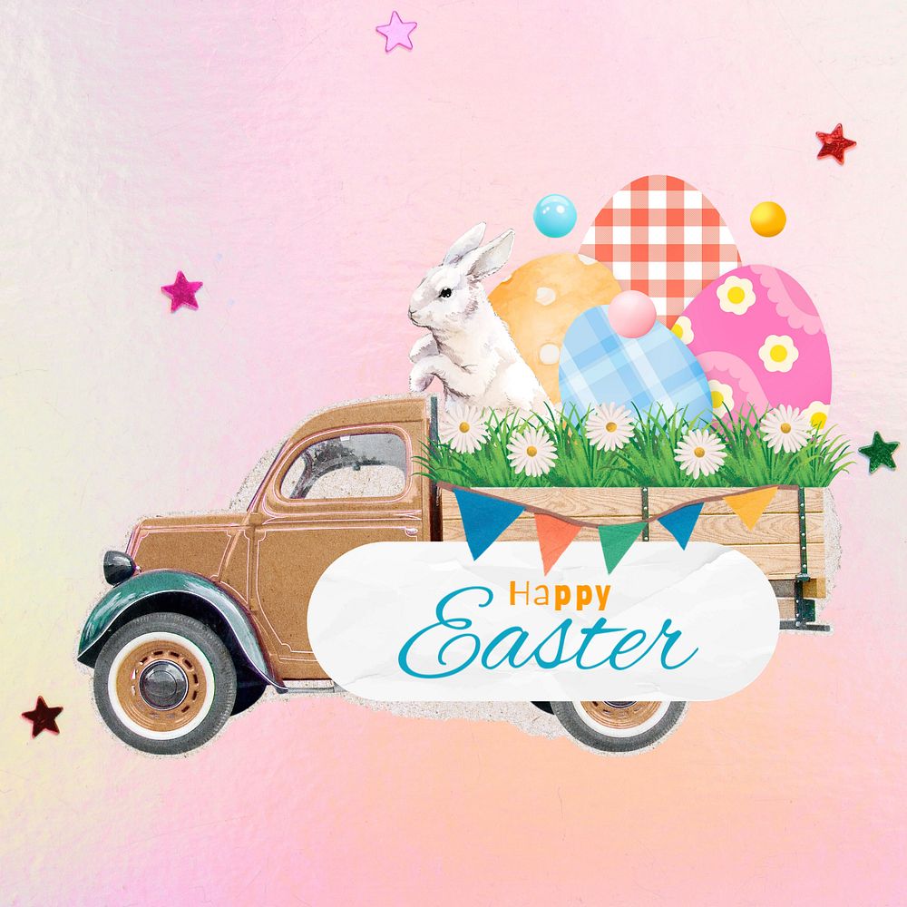 Happy Easter, editable rabbit on truck collage design