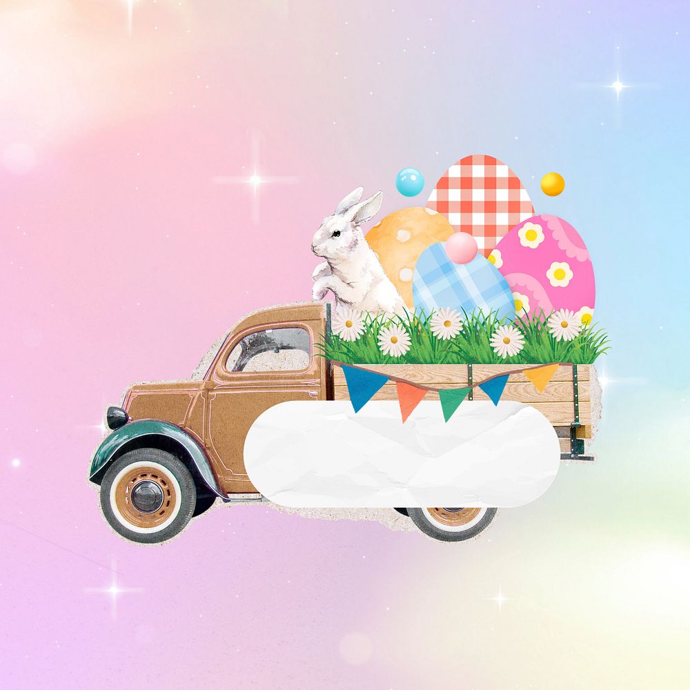 Editable Easter rabbit on truck, collage design