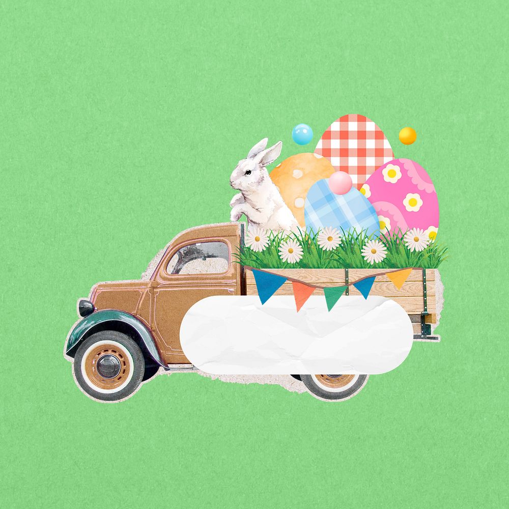 Easter rabbit on truck, editable collage design