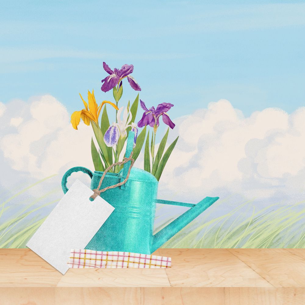 Colorful iris flower, editable teal watering can collage element remix design