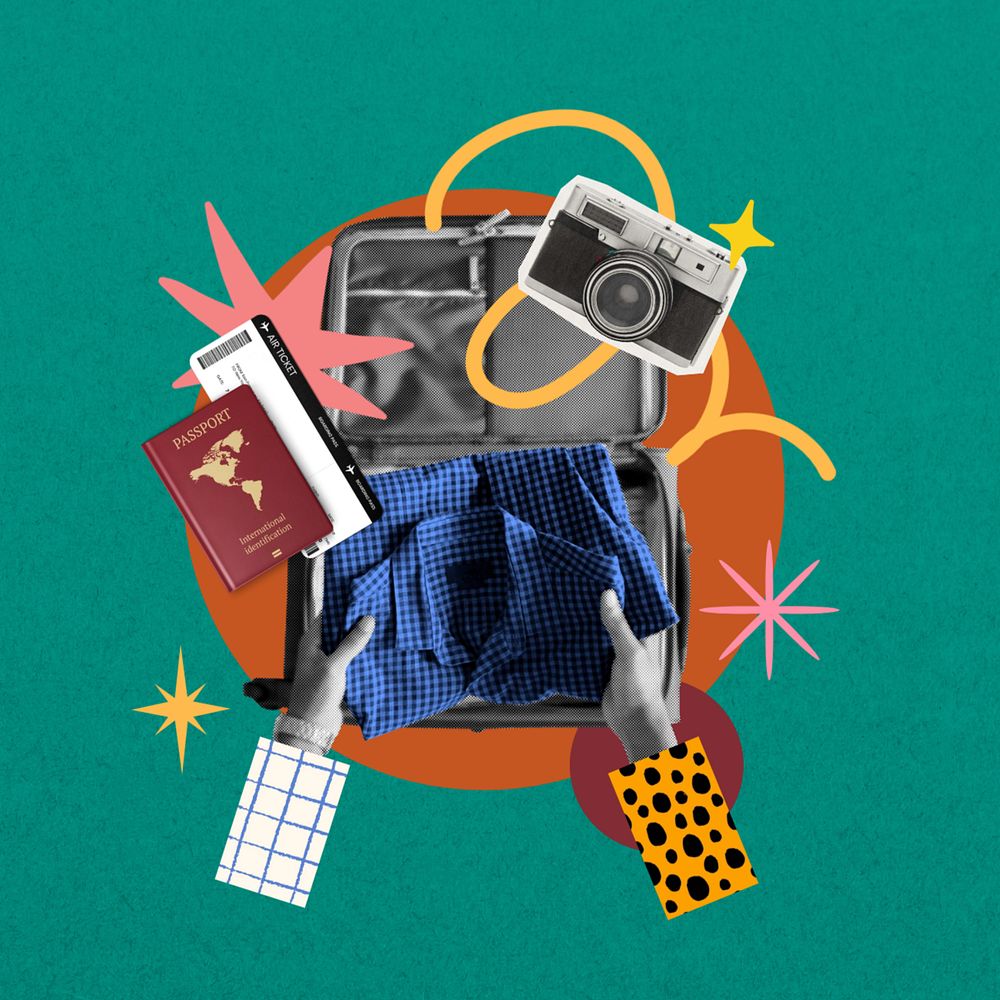 Travel luggage packing, creative collage, editable design