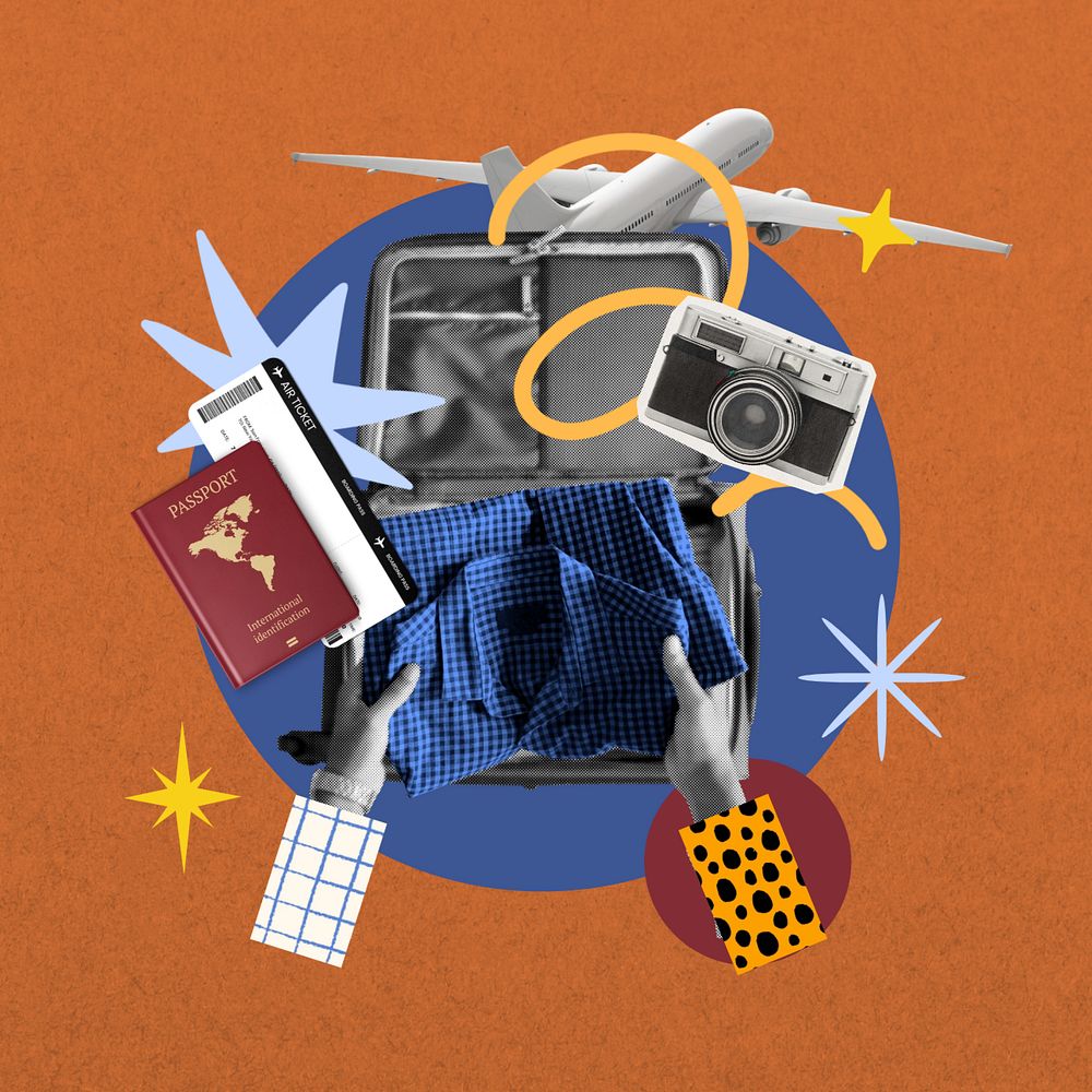 Travel luggage packing, creative collage, editable design