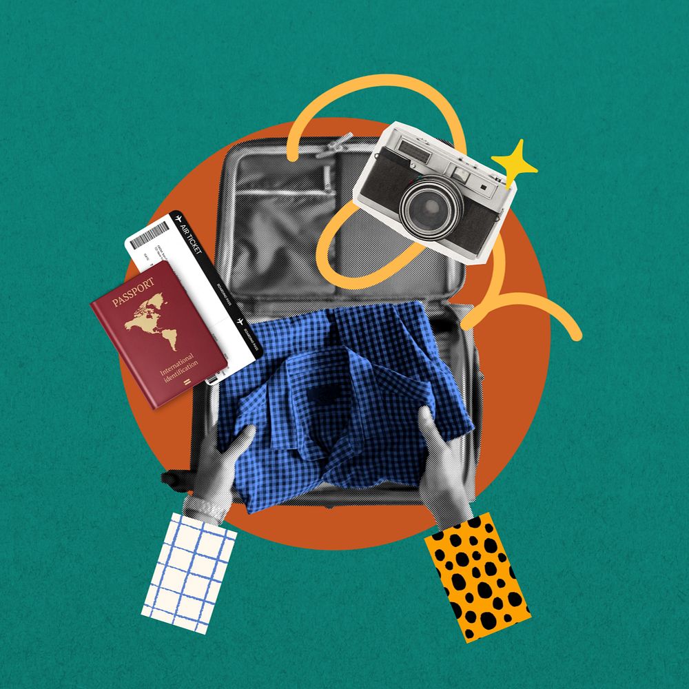 Travel luggage packing, creative collage, editable design