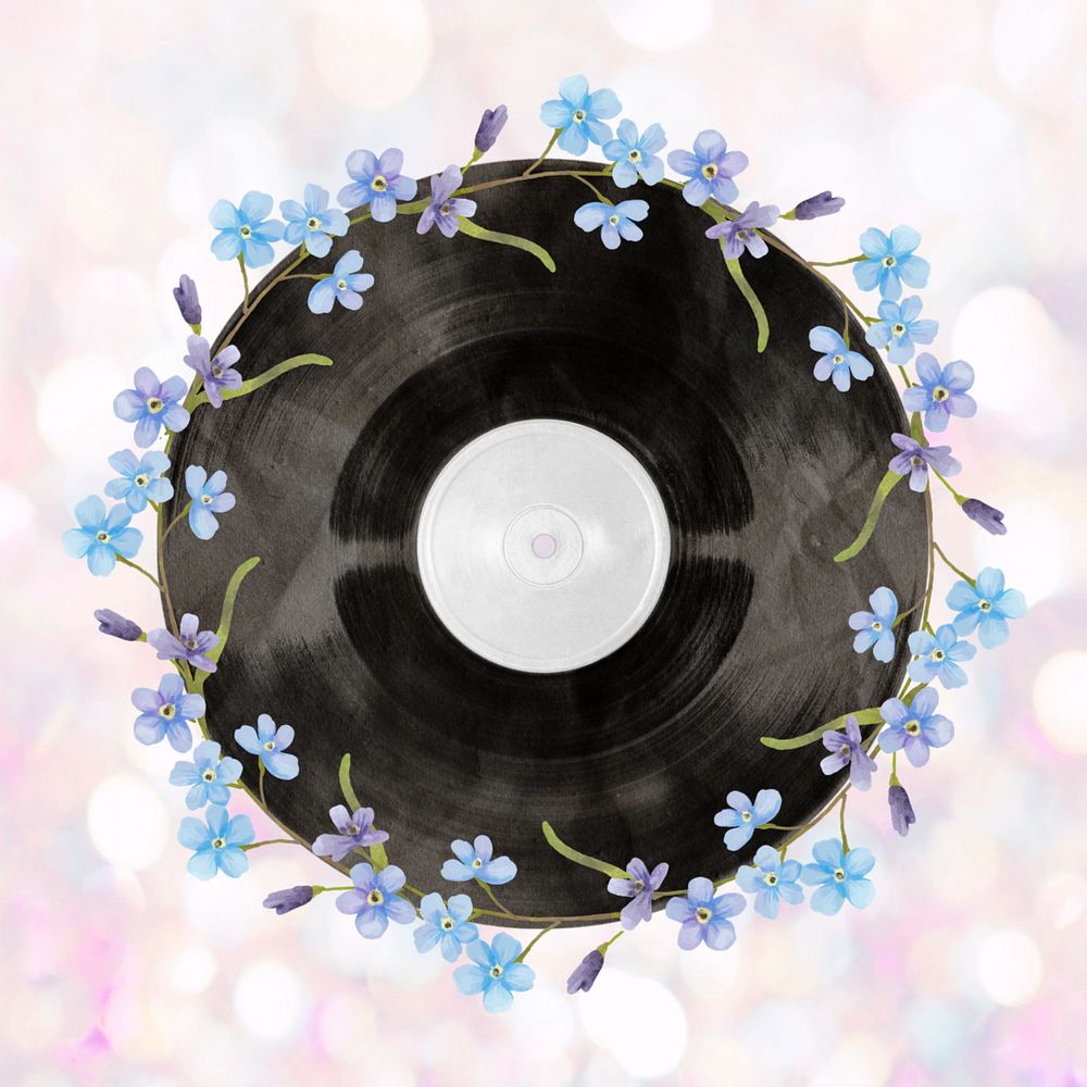 Editable floral vinyl record, music aesthetic collage element design