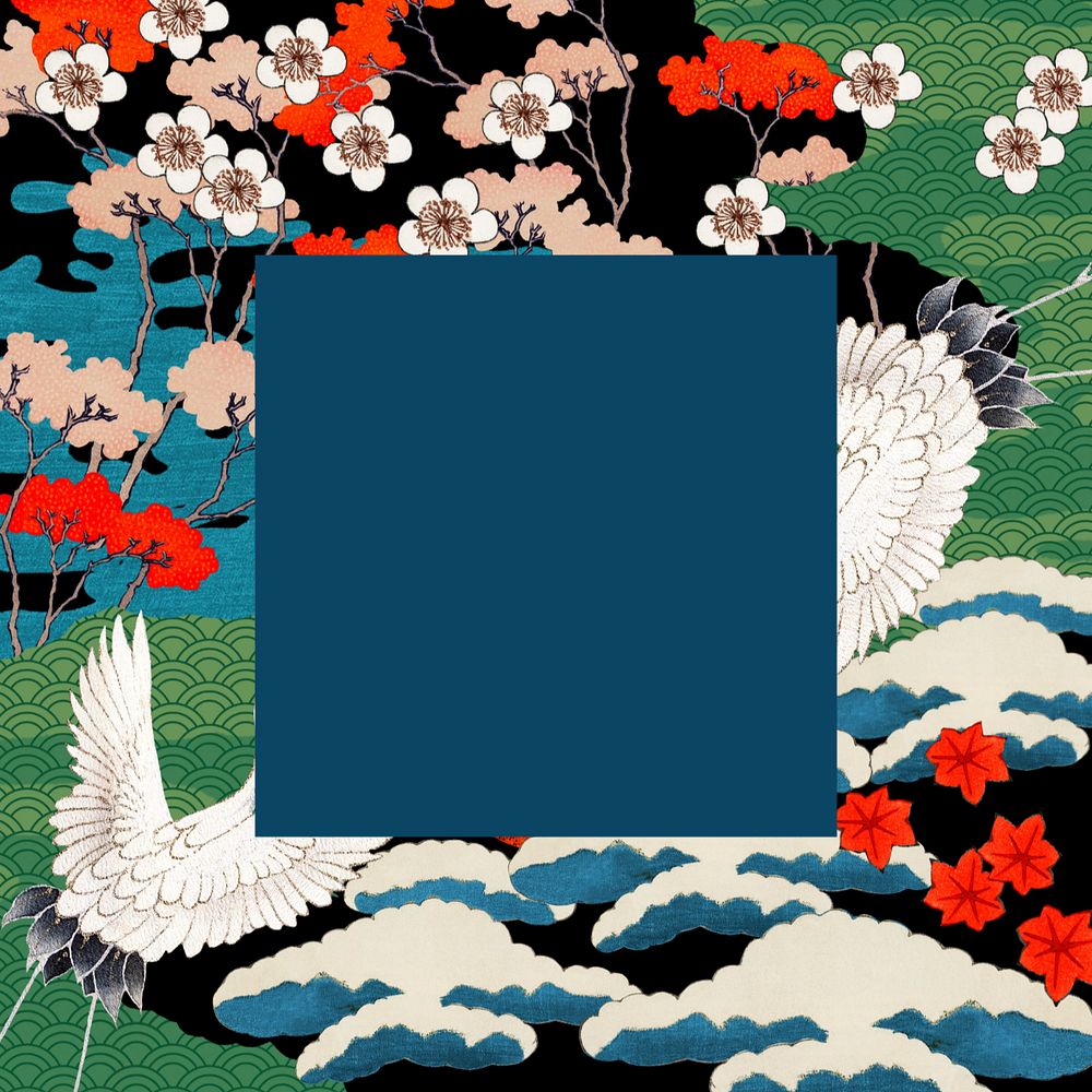 Japanese crane-patterned frame background, traditional illustration remixed from the artwork of Watanabe Seitei, editable…