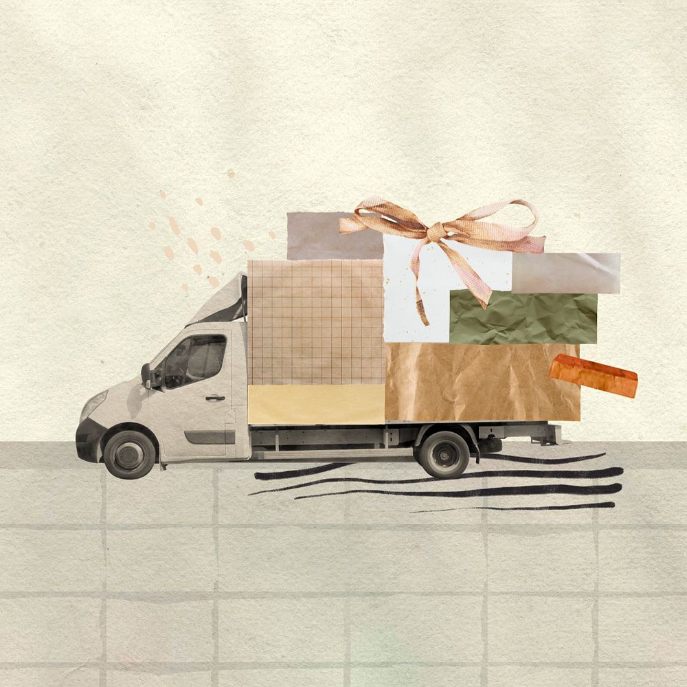 Delivery truck, editable paper collage design