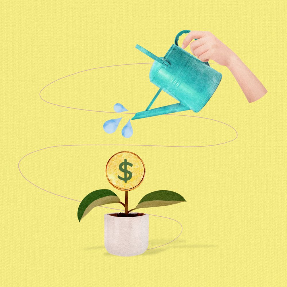 Watering plant money, editable finance collage design