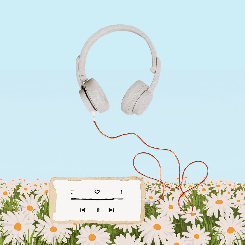 Floral music aesthetic, editable headphones collage design