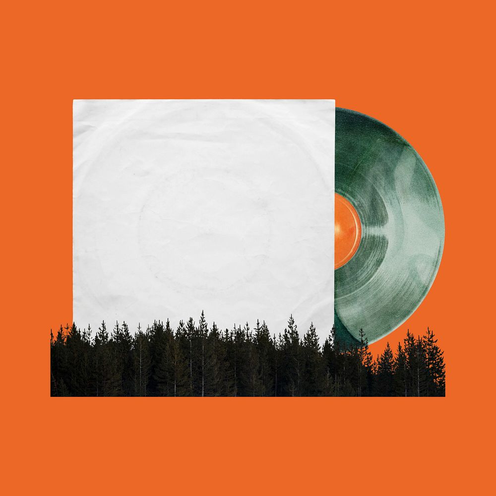 Editable retro vinyl record, music & nature collage design